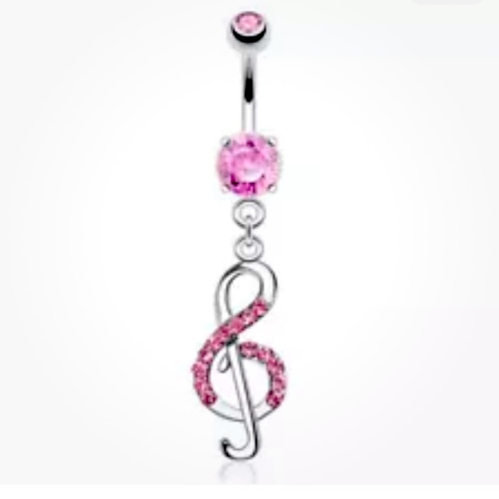 NWT Dangle Pink Rhinestone Music Note Belly Bar Button Navel Ring Body Piercing